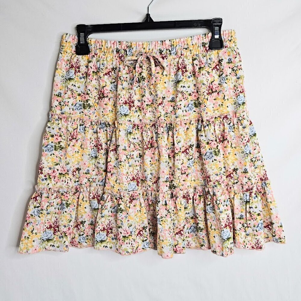 NWT ALELLY Tiered Skirt BLUE RED YELLOW FLORAL size S 4 6 Cottagecore Boho Beach - Picture 2 of 7